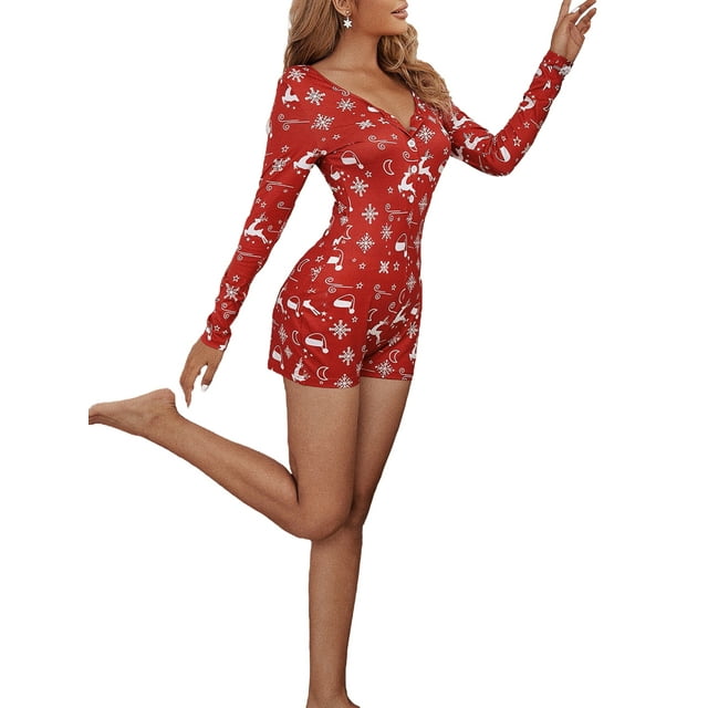 Kmbangi Pyjama Femme Motif Imprimé de Noël Col en V Manches Longues Combinaison