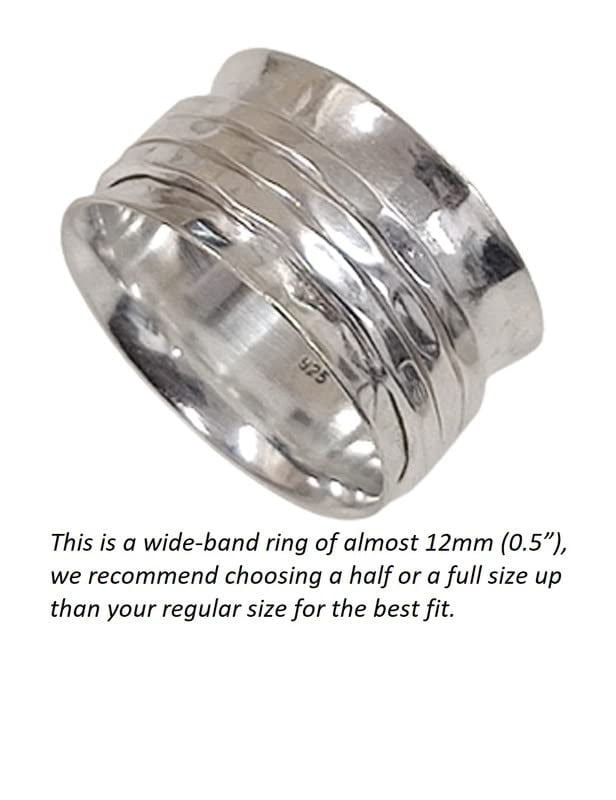 SS DESIGNS Silver Spinner Ring 925 Sterling Silver Three Tone Band with Hammered Finish, Meditation Fidget Spinner Ring for Womenâ€™s Stress Relief