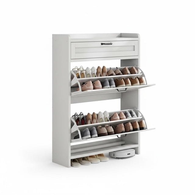 Organisateur d'Armoire à Chaussures Moderne - Rangement Caché avec 2 Tiroirs Rabattables - Étagère d'Entrée Autoportante Compacte - MDF avec Poignée en Métal