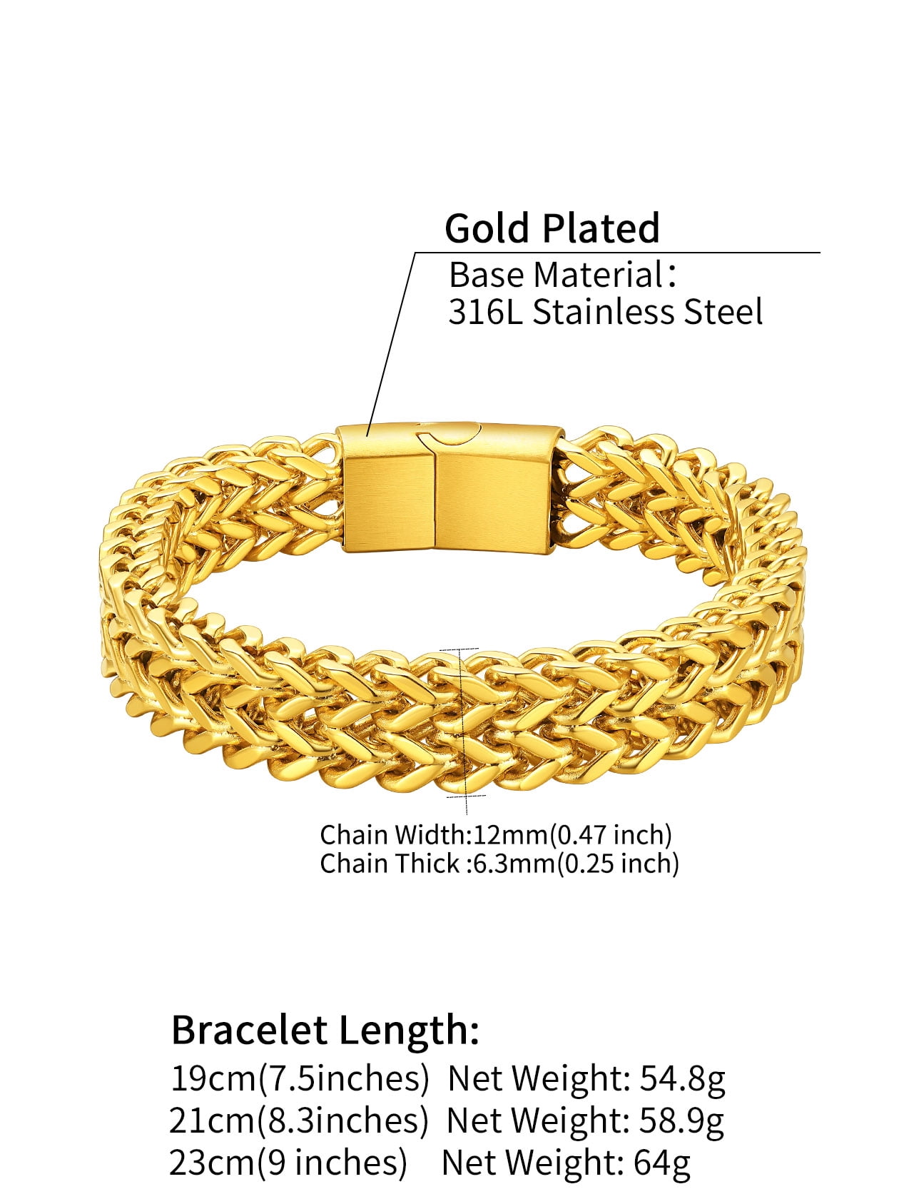 ChainsHouse 14K Gold Plated Chain Bracelets for Men, 12mm Wide Stainless Steel Wrist Band Non Tarnish Jewelry Gifts for Husband Dad Father's Day, 8.3inch