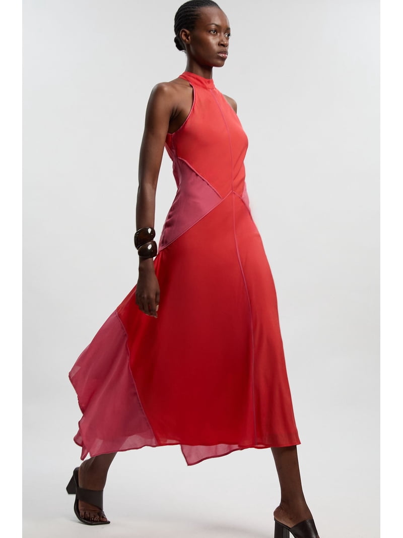 color block halter dress Karen Millen Colour Block Fluid Tencel Halter Neck Woven Maxi Dress in Pink