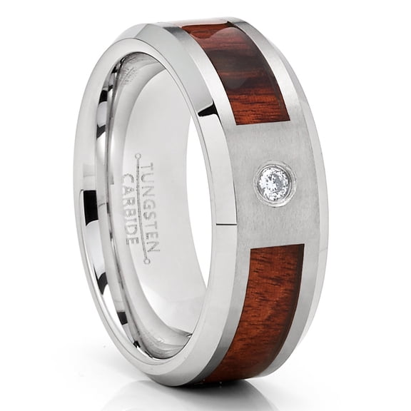 8mm Koa Wood Wedding Ring,CZ Wedding Ring,Tungsten Carbide Ring,Engagement Ring,Anniversary Ring