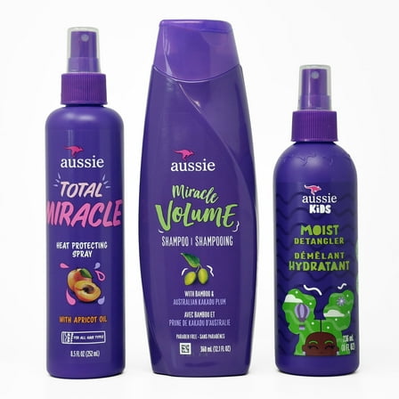 Aussie Miracle Kit 3ct - Total Miracle Heat Protecting Spray 8.5oz , Miracle Volume Shampoo 12.1oz , Moist Detangler 8oz