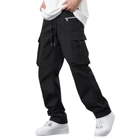YLSDY Men's Solid Cargo Pants, Elastic Drawstring Waist, Multi Functional Pockets, Straight Leg Utility Trousers Black M