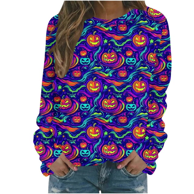 Tnhcen Chandail en Molleton Oversize à Col Rond pour Femmes Automne Halloween - Chandail Imprimé Effrayant à Manches Longues Décontracté Quotidien & Coupe Ample pour P-3TG