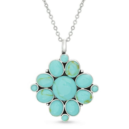 - Willowbird Oxidized Simulated Turquoise Circle and Oval Cluster Pendant in Sterling Silver