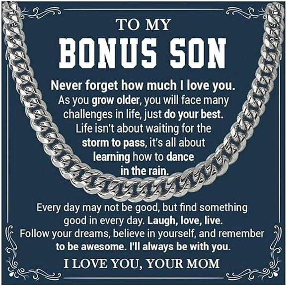 Bonus Son Necklace From Stepmom, Birthday Gift for Stepson From Bonus Mom, Christmas Gifts with Message Card and Gift Box, Stepson Gifts From Step Mother