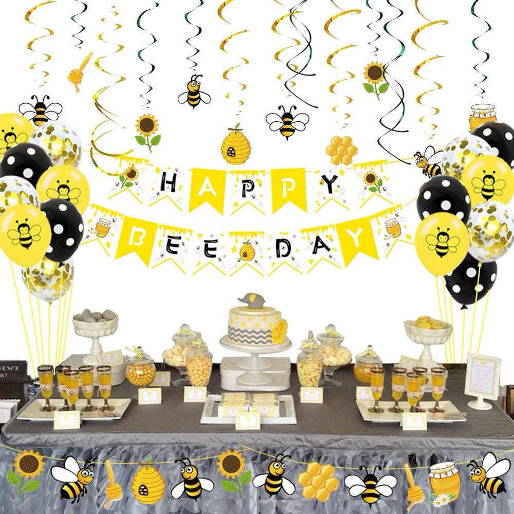 88pcs Bee Party Supplies with Happy Bee Day Banners Hanging Swirls