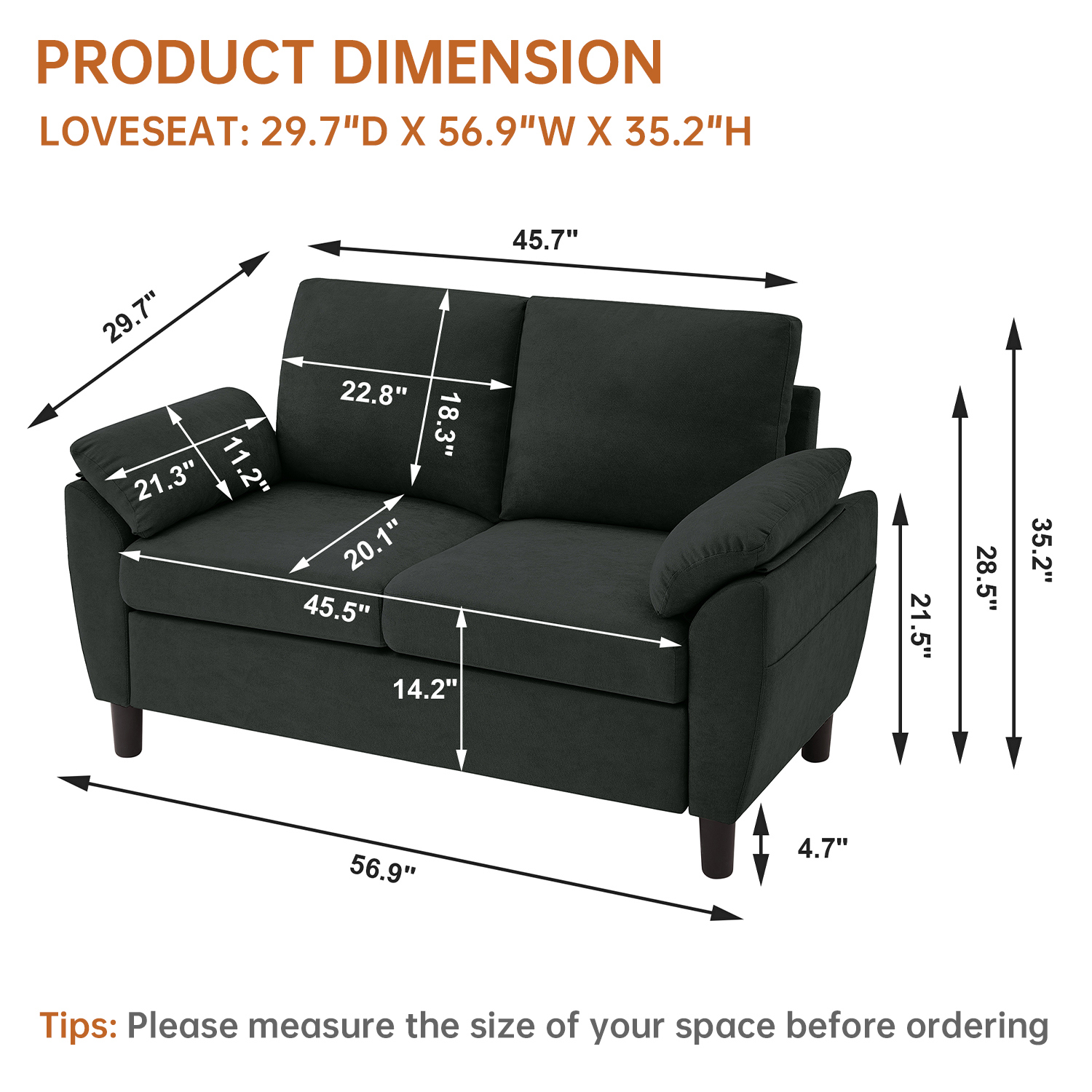 Soscana Loveseat with Storage Side Pockets, 2 Seat Sofa Love Seat Small Couch for Living Room Bedroom Apartment Office Studio,Black