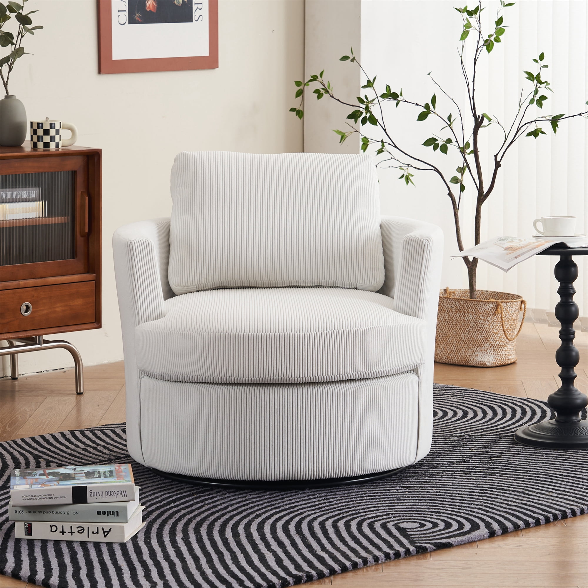 Aukfa 32" Corduroy Swivel Accent Chair Round Barrel Chair for Living Room Bedroom, Beige