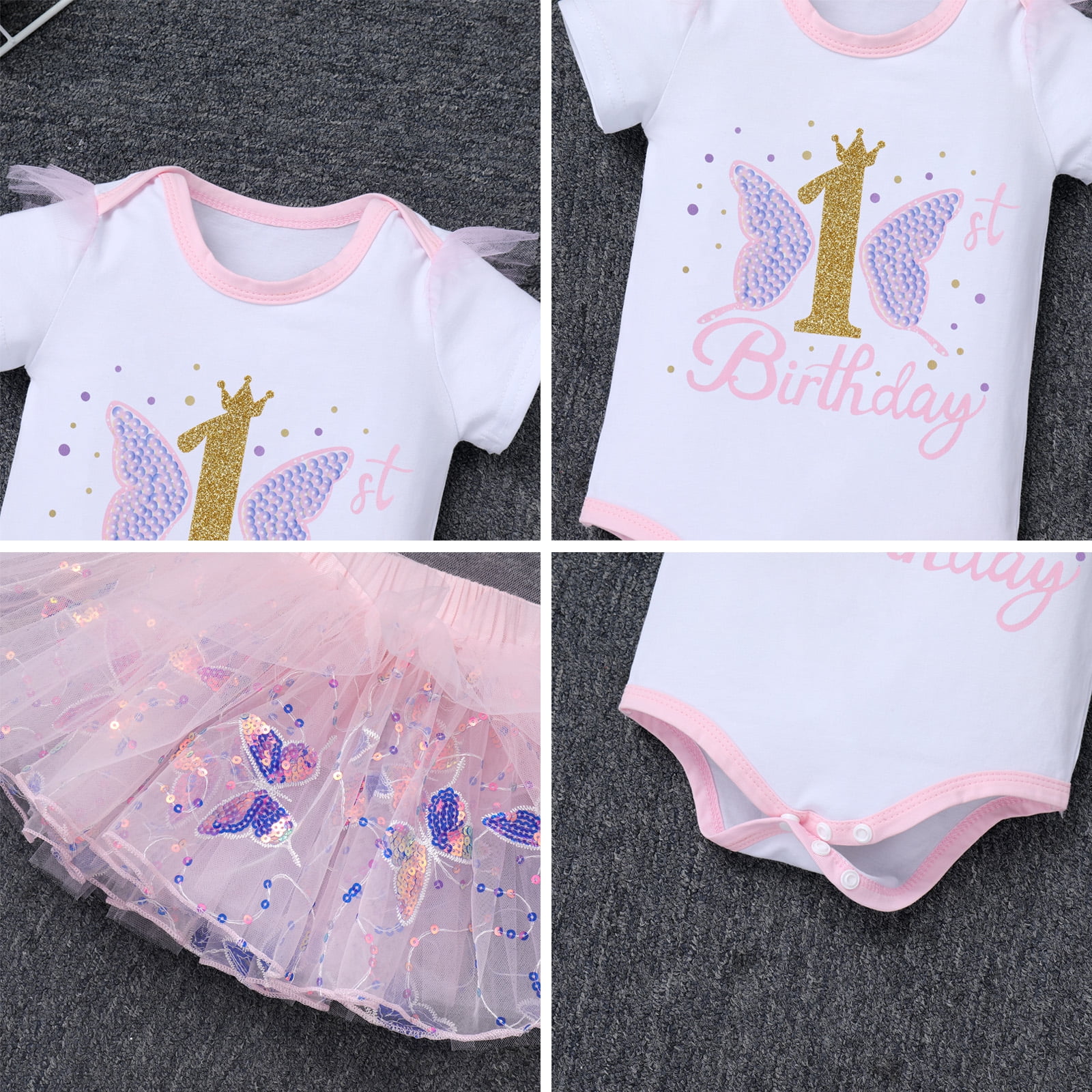 IBTOM CASTLE Baby Girl 1st Birthday Outfit Sequin Butterfly Romper Tutu Skirt Headband Clothes for Cake Smash Photo Shoot 1 Year Pink Butterfly