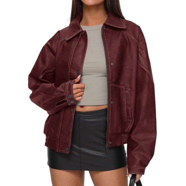 Abrigo PRETTYGARDEN Chaqueta Bomber de Cuero Sintético Vino Tinto L