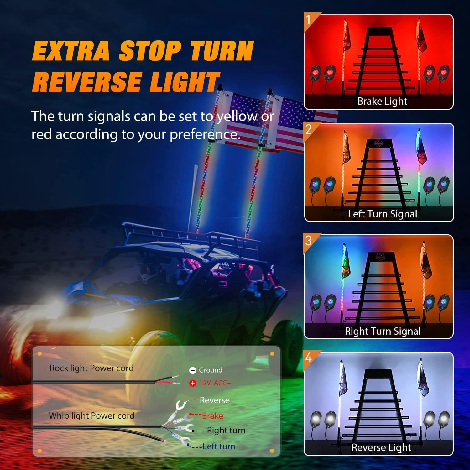 Nilight 2PCS 4FT RGB LED Whip Light and 4 PCS Rock Lights Combo, Remote & App Control w/DIY Chasing Patterns Stop Turn Reverse Safety Antenna Lighted Whips for ATV UTV
