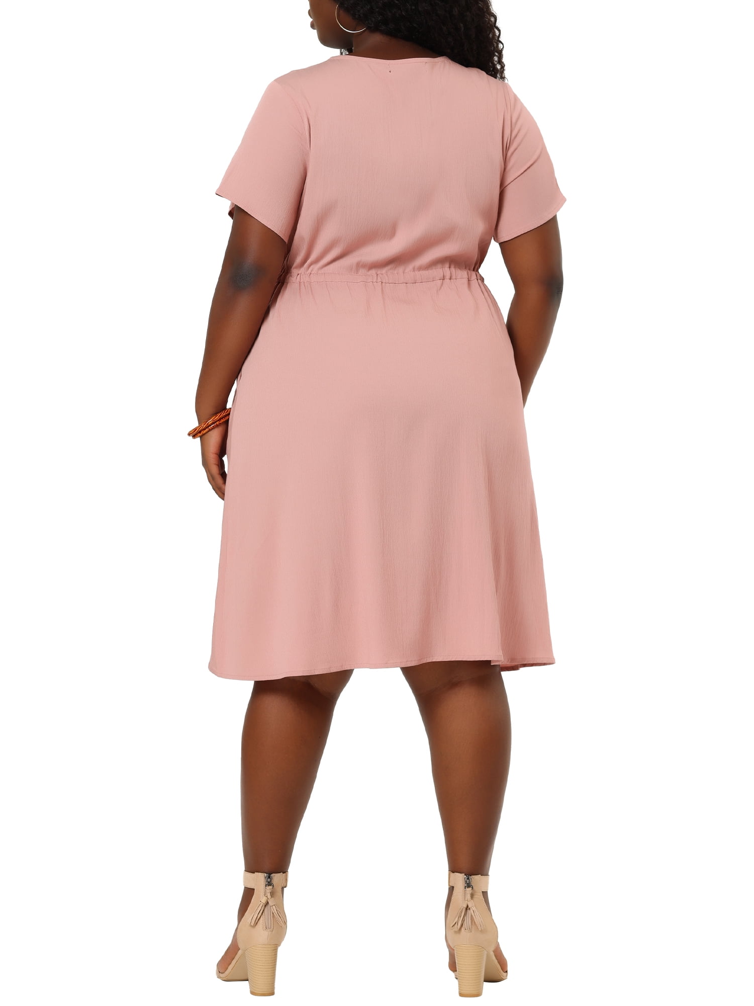 Unique Bargains Women's Plus V Neck Short Sleeve A-Line Denim Dresses 4X Pink