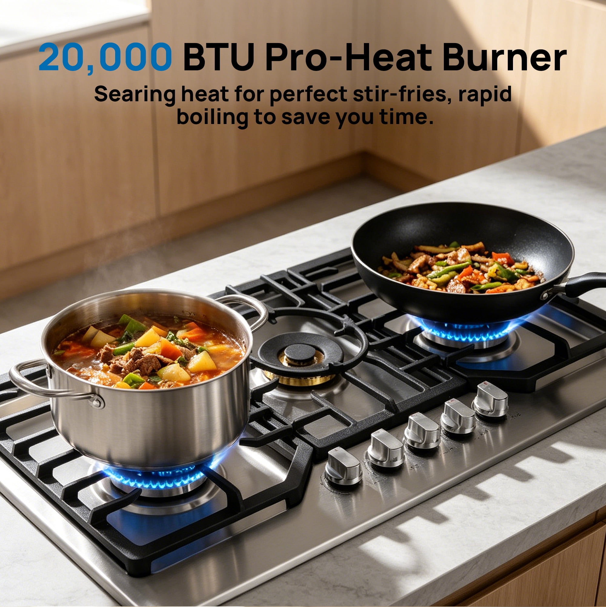 ROBAM 36" Gas Cooktop G515, 5 Made in Italy Brass Burners, 304 Stainless Steel Built-in Gas Stove, 20,000 BTU Tri-Ring Center Wok Burner, NG/LPG Convertible with Flame Failure Protection