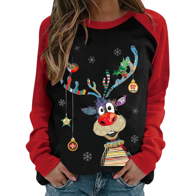 VISgogo Mujer Primavera Otoño Casual Pullover Manga Larga O Cuello Deer Print Patchwork Sudadera VISgogo moda