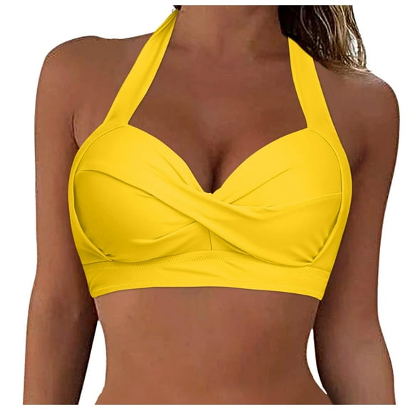 Siilsaa Push Up Bathing Suits for Women Bikini Top for Women Bathing Suit Criss Cross Self Tie Spaghetti Straps Yellow,S