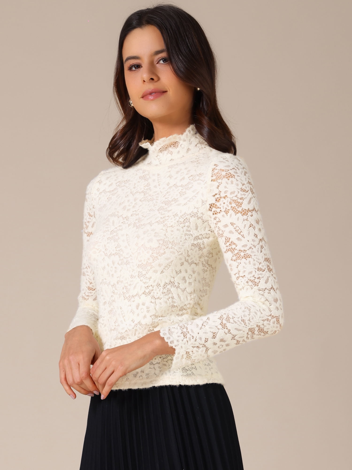 DARING DIVA Women's Basic Lace Long Sleeve Ruffle Neck Floral Blouse S Beige