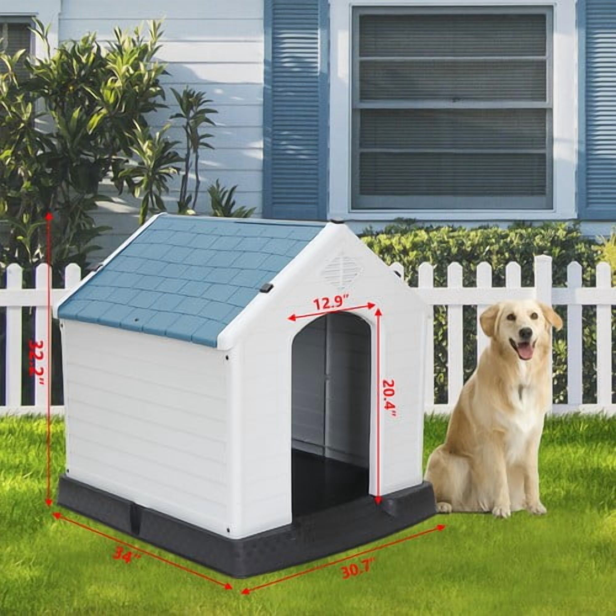 SONGMY 32'' All-Weather Pet Dog House, Blue Waterproof Animal House Shelter, Outdoor Dog Kennel for Medium Dogs
