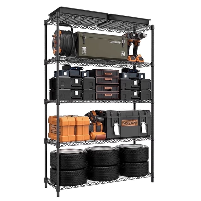 M MZG Estantería Negra de 5 Niveles de Metal para Almacenamiento, Organizador de Pie de 1750 Lbs, 15.7 D x 45.3" W x 70.4" H