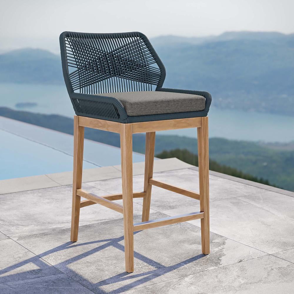 Modway Wellspring Outdoor Patio Teak Wood Bar Stool in Blue/Graphite