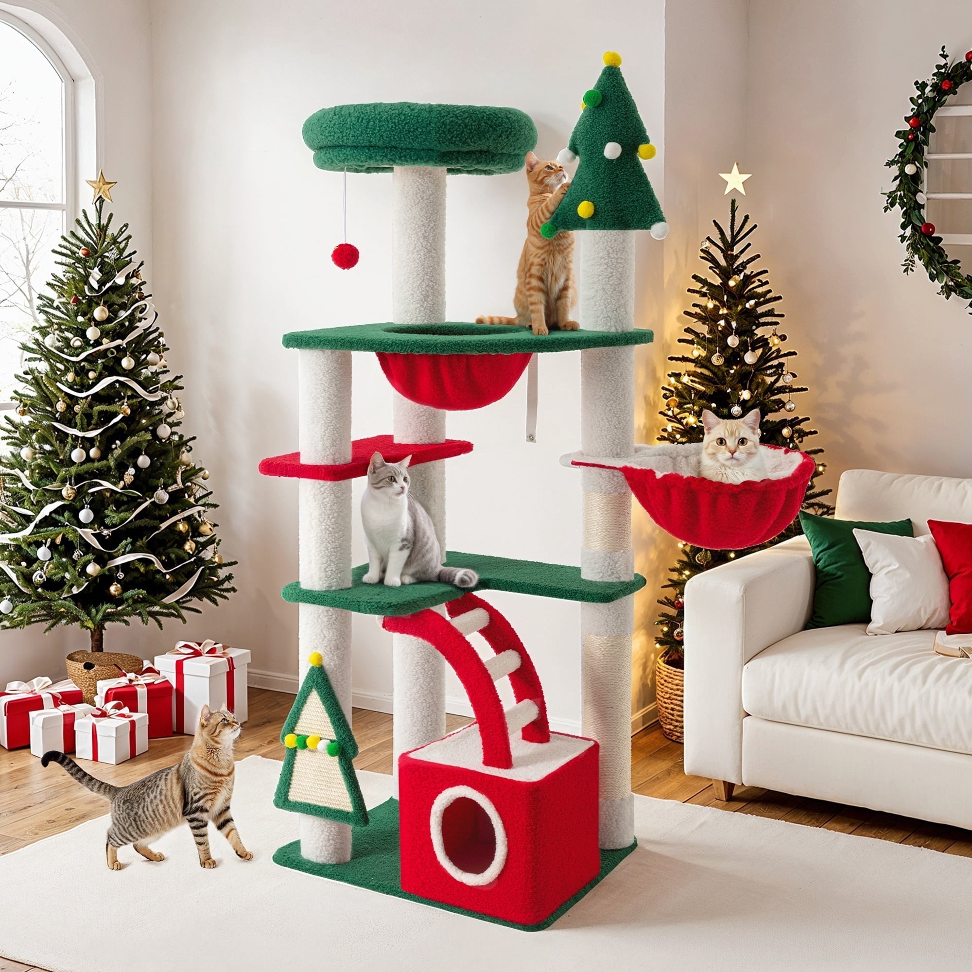 Amolife 67" Large Cat Tree and Tower, Christmas Condo House with Stair & Scratching Posts for Indoor Cat, Red & Green