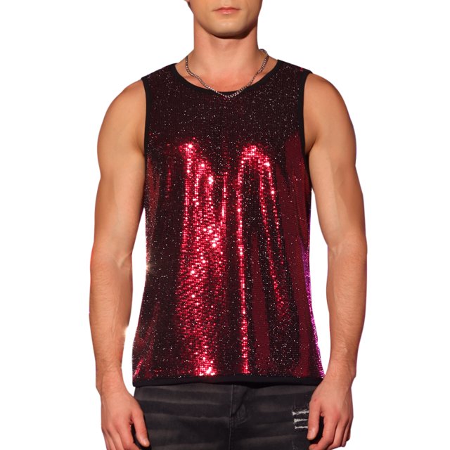 CAMISAS PARA HOMBRES INSPIRE CHIC Lentejuelas Cuello Redondo Sin Mangas Top Metálico S Rojo