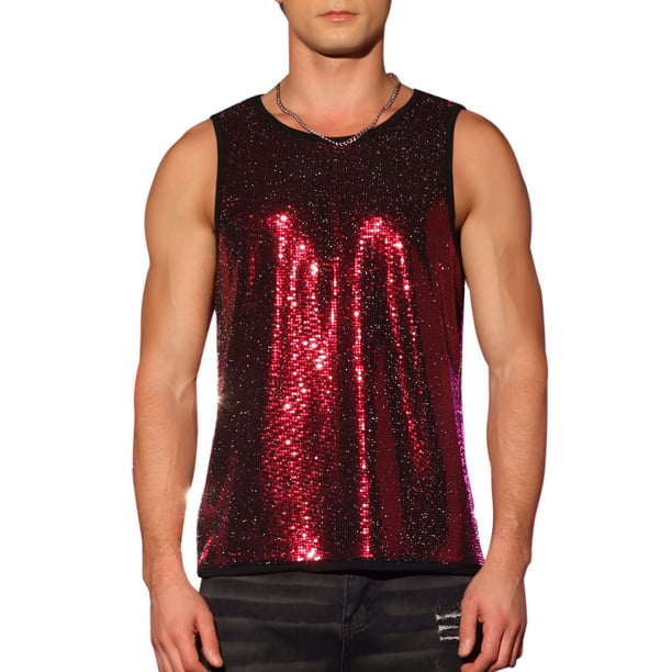 CAMISAS PARA HOMBRES INSPIRE CHIC Lentejuelas Cuello Redondo Sin Mangas Top Metálico XL Rojo
