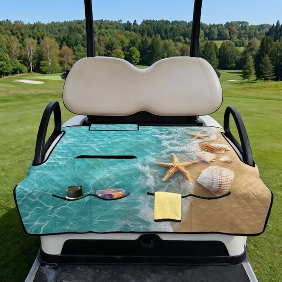 COEQINE Quilted Golf Cart Seat Cover, Folds Like a Bag with Handle for Easy Carry, 51.2"x30.3" Universal Fit for EZGO Yamaha Club Car 2-Seaters, 4 Pockets, Beach Starfish Seashell