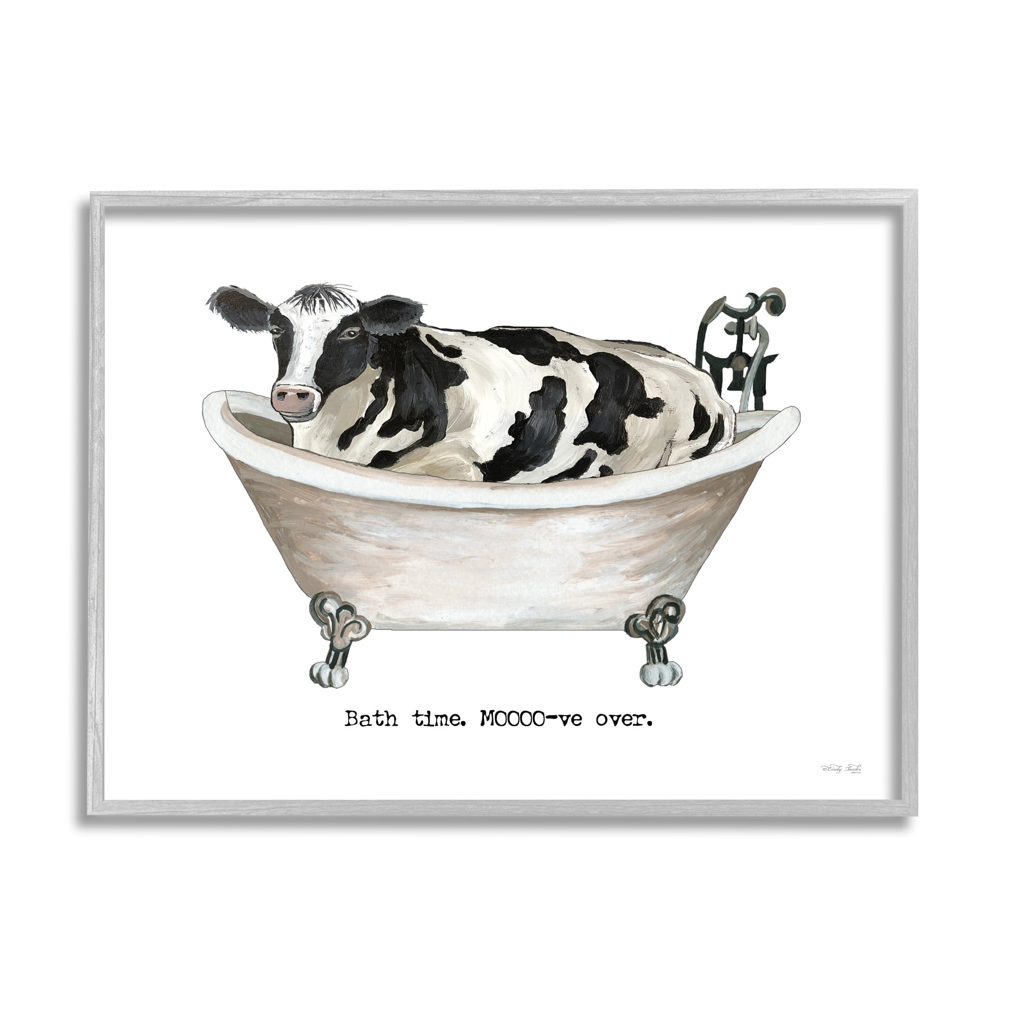 Stupell Industries Moo-ve Over Bath Time Cow Farmhouse Bathroom Sign Graphic Art Gray Framed Art Print Wall Art, Design by Cindy Jacobs