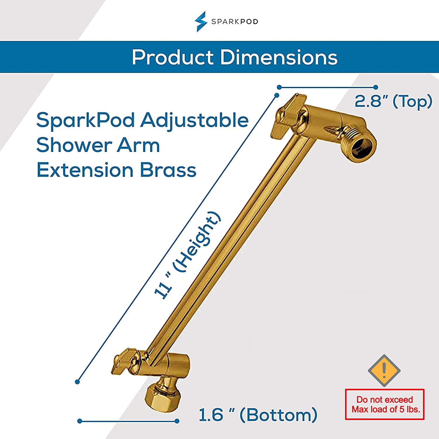 SparkPod Adjustable Shower Head Extension Arm - 11" Brass Rain Shower Arm with Universal Fit (Egyptian Gold)
