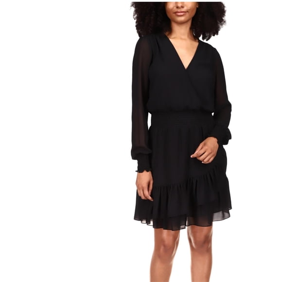 Michael Kors Womens Solid Ruffle Surplice Dress, black, XS