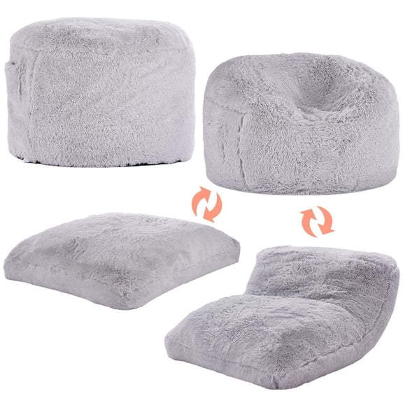 Bean Bag Chair Bed, Convertible Chair Lounger, Giant Fluffy Plush Beanbag with Washable Cover, Foam Filled, Side Pocket - Full Size, Grey