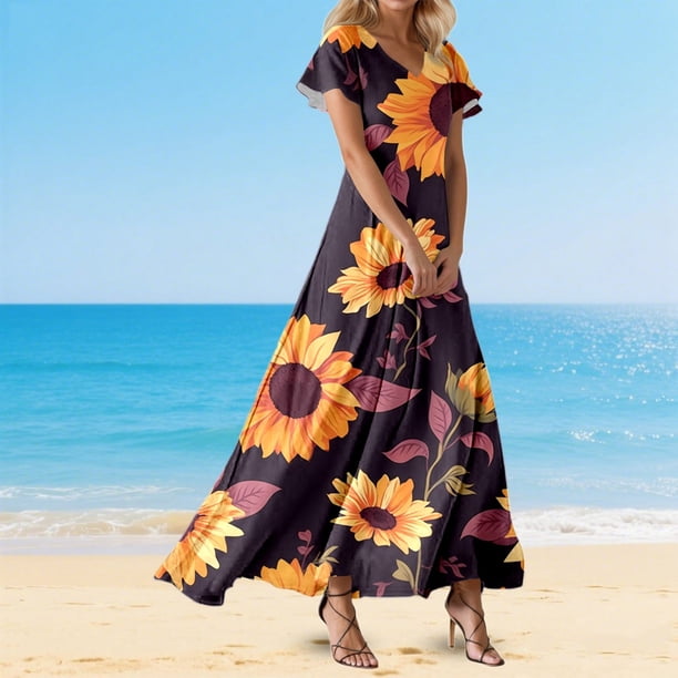 WILLBEST Vestido De Verano Para Mujer, Cuello En V, Manga Corta, Cintura Alta, Estilo Bohemio, Para Vacaciones Y Playa