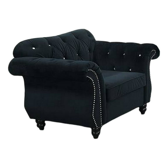 Rima 51 Inch Classic Accent Chair, Velvet Upholstery, Rolled Arms, Black