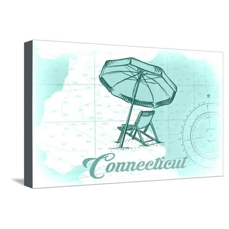 Connecticut - Beach Chair and Umbrella - Teal - Coastal Icon Stretched Canvas Print Wall Art By Lantern