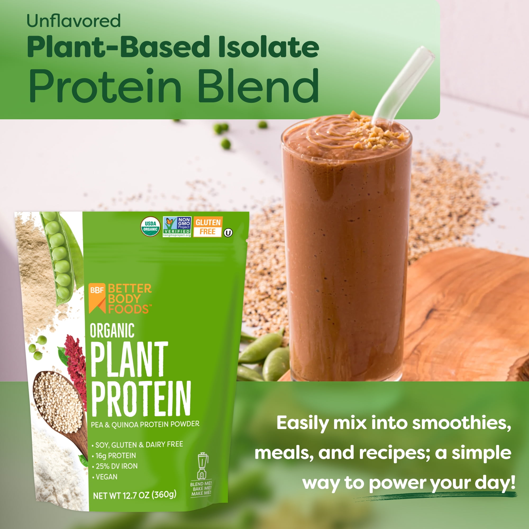 BetterBody Foods Organic Plant Based Protein Powder, 16g of Protein 24% DV, Vegan, 12.7 oz