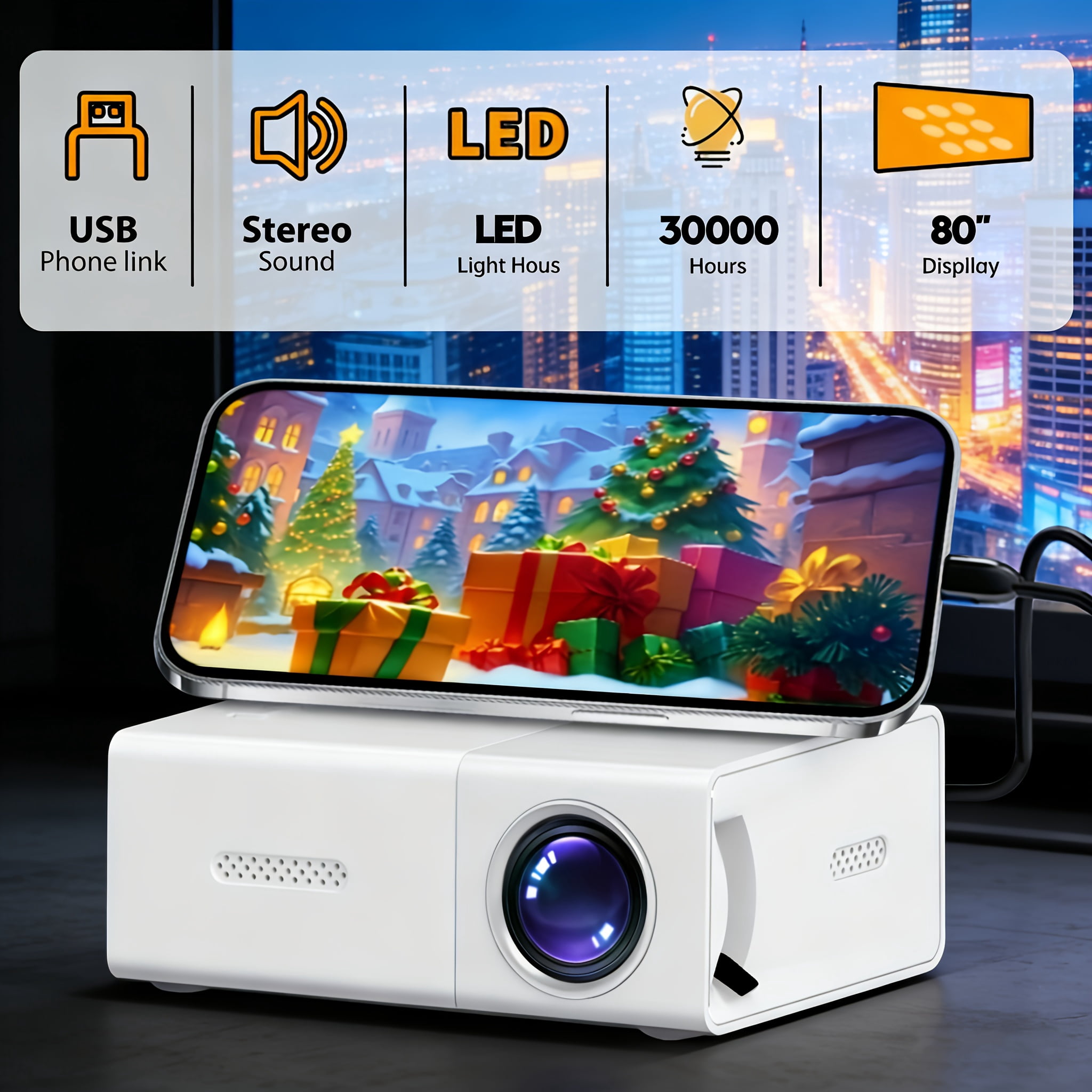 Portable Mini Projector, USB-powered, Native Resolution 320X240 1080P Full HD HomeTheater Projector, Compatible with Smartphones/tablets/laptops, Ideal for Movies, Gaming, Plug-and-play Mini Cinema.