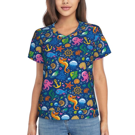Vsdgher Sea Fish Women Shirts V Neck Short Sleeve Tops T-Shirt Basic Tees, S to 3XLSmall
