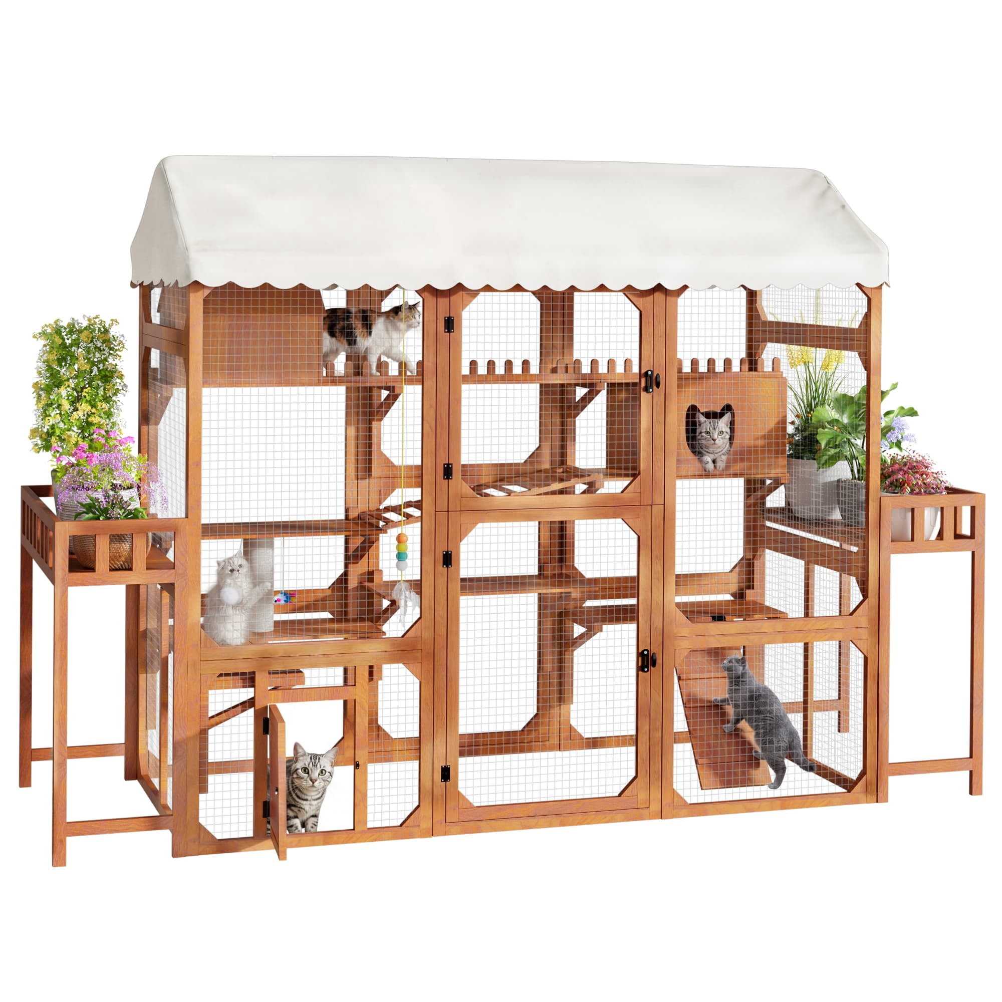 Large Outdoor Cat Enclosure, Wooden Catio with 2 Plant Stands, Multi-Level Cat Playpen with Weather-Resistant Roof & Wire Mesh for Backyard Patio, Brown