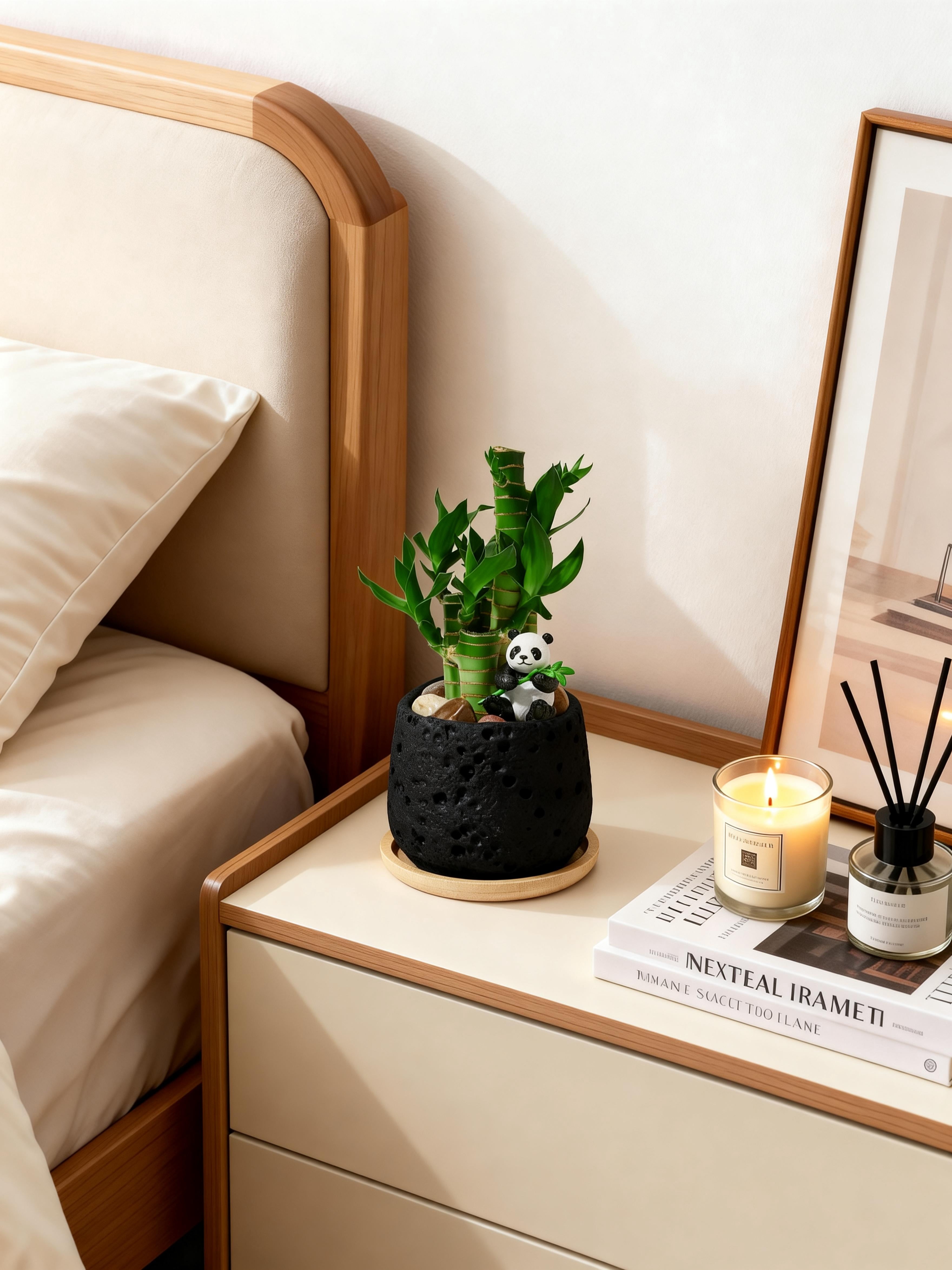 Cute Panda Lucky Bamboo Plant – 5 Stalk Feng Shui Indoor Tabletop Plant in Volcanic Rock Pot, Office & Home Decor（Black）
