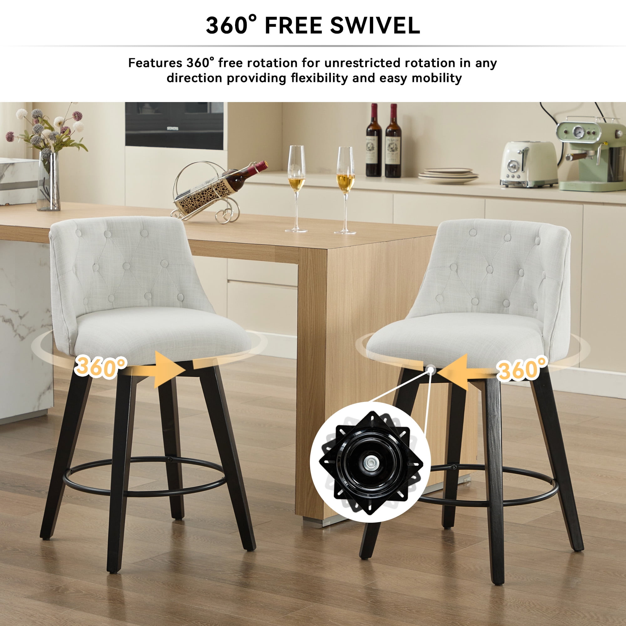 360 Degree Swivel Bar Stools Set of 2 Counter Height with Stain Resistant Linen and Button Tufted Back Solid Wood Frame in White