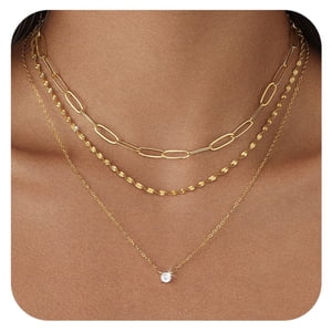 GOSFRY Gold Plated Layered Necklace with Crystal Pendant