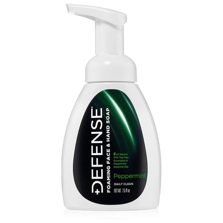Defense Liquid Foaming Face & Hand Soap, Peppermint 7.5 Fl Oz with Tea Tree, Eucalyptus, Jojoba, Aloe Vera, Olive & Coconut Oils