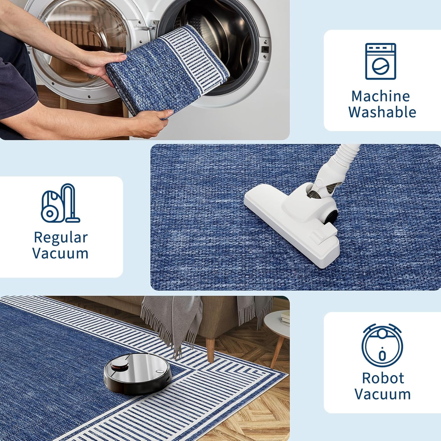 Memoryfield Modern Bordered 8' x 10' Area Rug, Washable Soft Non Slip Low Pile Stain Resistant Carpet Rugs, for Living Room Dining Room, Blue