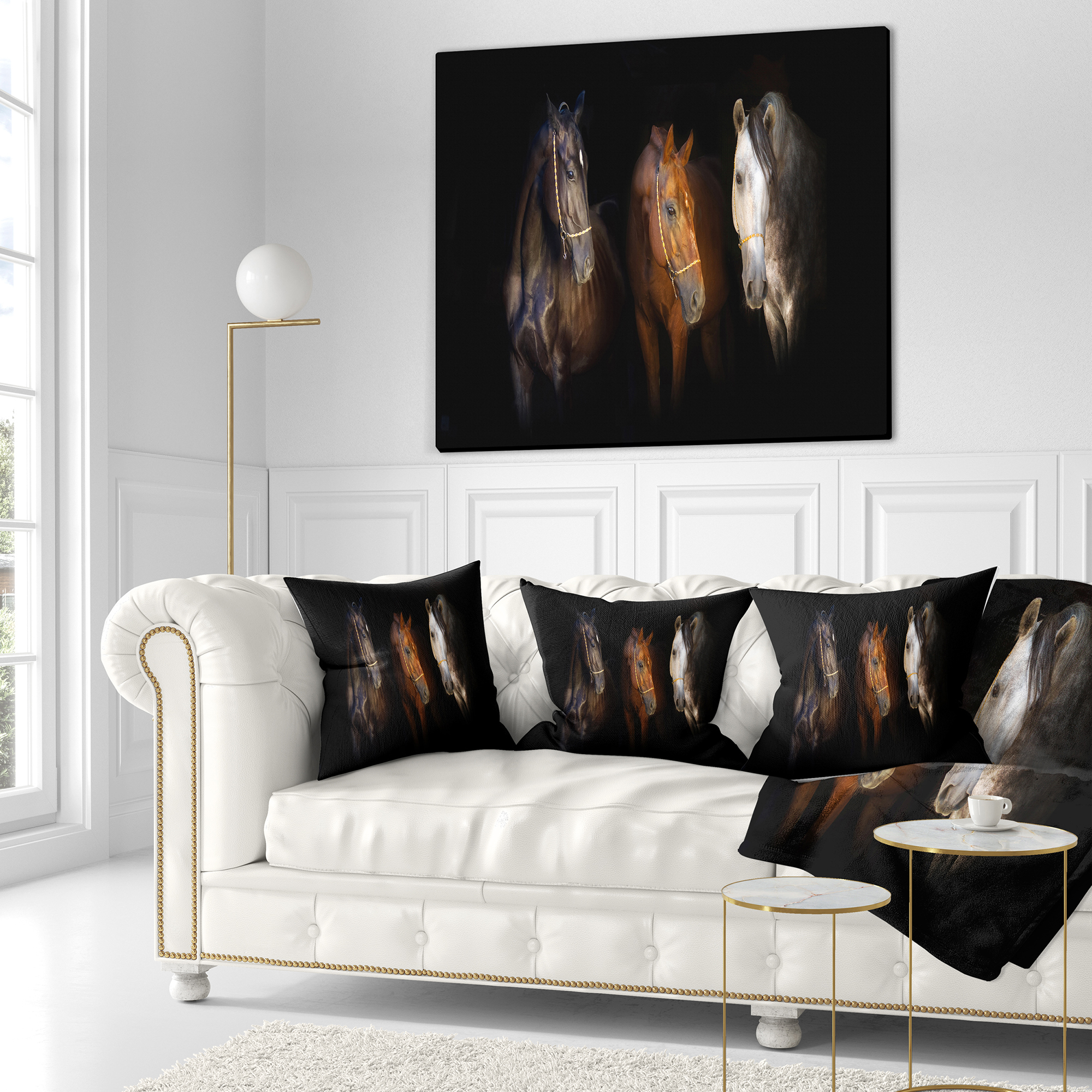 Designart Three Horses with Golden Bridle - Animal Throw Pillow - 16x16