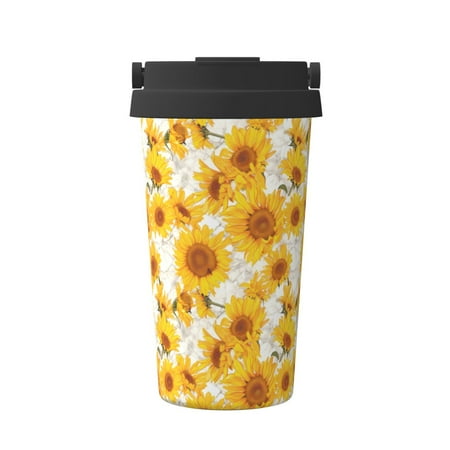 

Qekee White Marble Pattern Sunflower Print Insulated Coffee Mug Coffee Tumbler Cup Thermos Mug Water Bottle with Handle & Flip