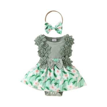 Shadoumai Girl Baby Sleeveless Lace Trim Jumpsuit Flower Bow Romper Outfit Headband 0-1 Year Summer Clothes
