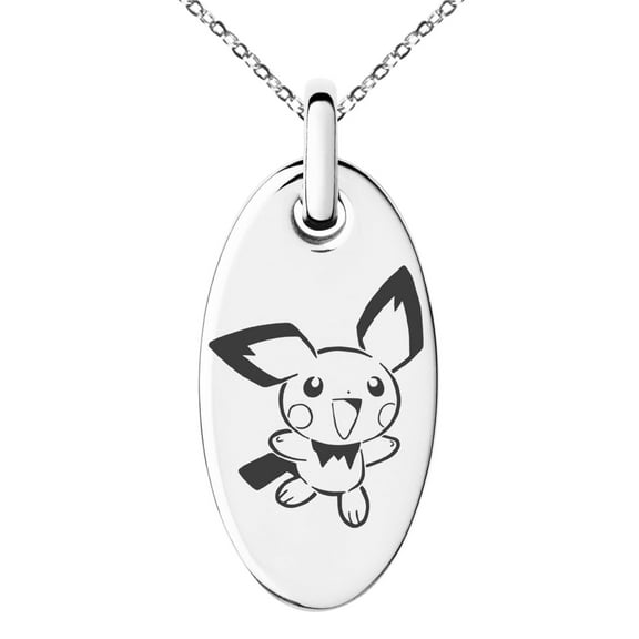 Tioneer Stainless Steel 2nd Gen Pichu Pokémon Engraved Small Oval Charm Pendant Necklace