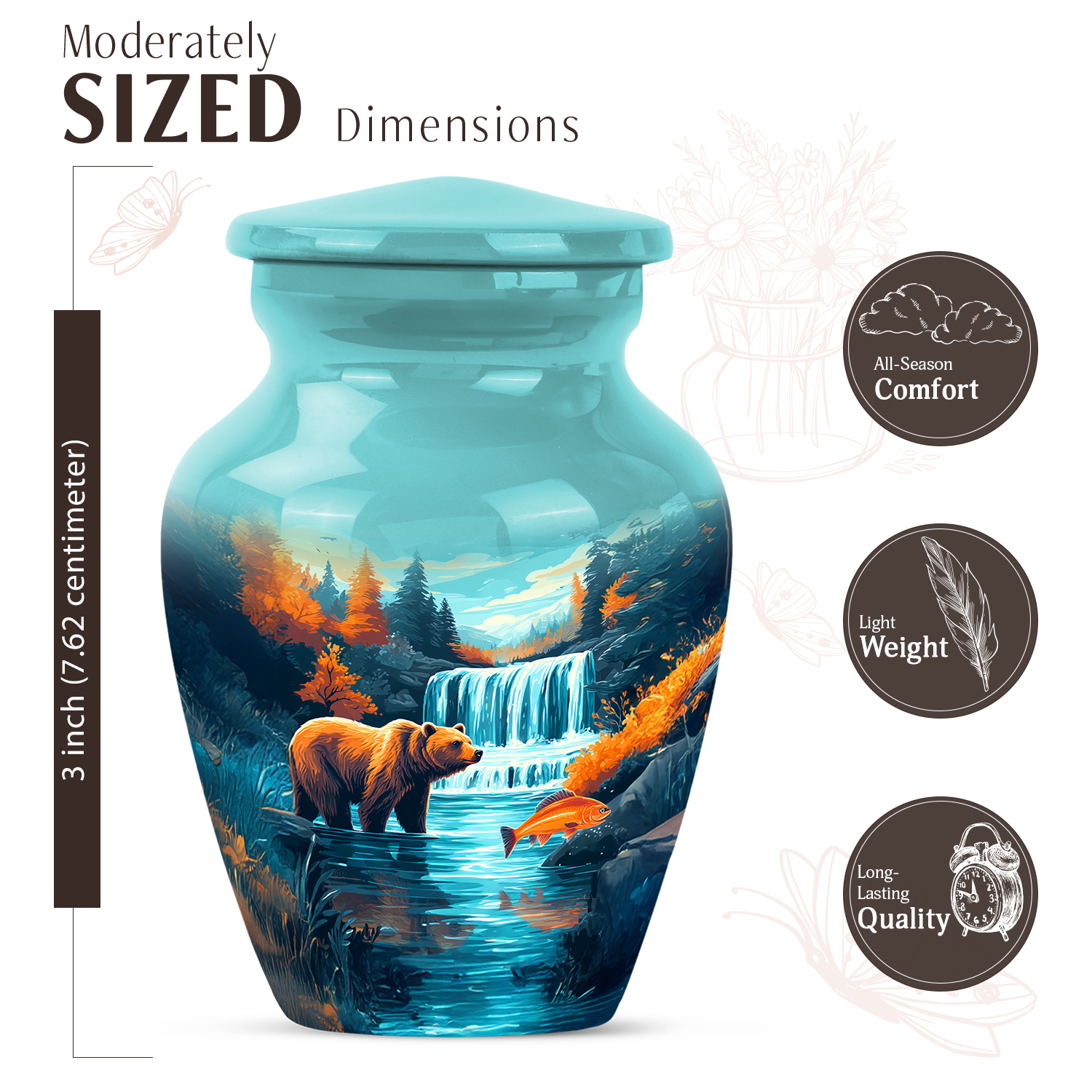 JAGASY Bear Miniature Small Urn for Mother, Blue Tiny Urns for Human Ashes Keepsake, River Trees & Blue Sky Decorative Urns for Parents, Mountain Memorial Urn for Father, (3 Inch)